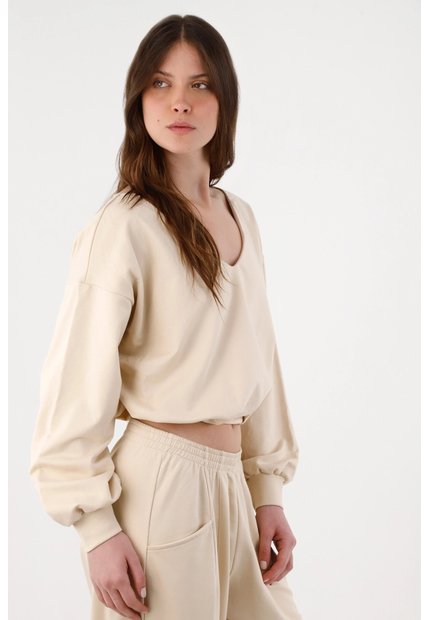 Tennis Buzo Para Mujer Algodón Beige Fit Relajado Con Escote V
