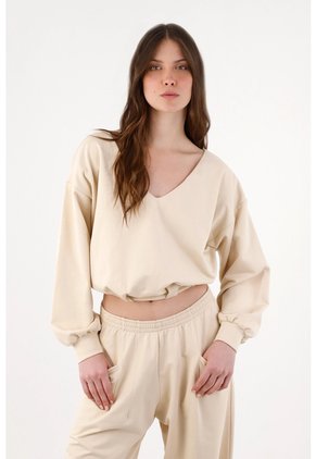 Tennis Buzo Para Mujer Algodón Beige Fit Relajado Con Escote V