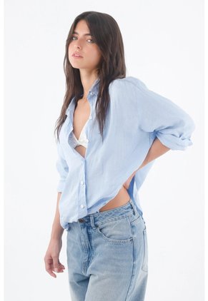 Tennis Camisa Para Mujer Lino Azul Fit Relajado Con Botones