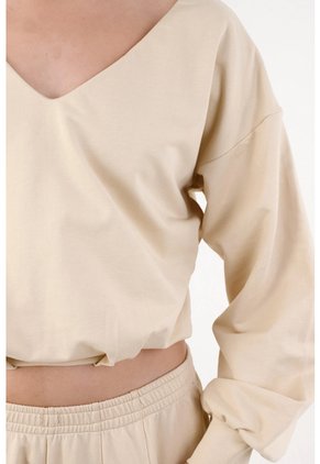 Tennis Buzo Para Mujer Algodón Beige Fit Relajado Con Escote V