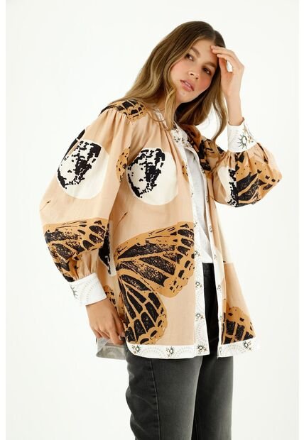 Kimono De Mujer, Silueta Amplia, Diseño Con Cuello Redondo, Manga Larga, Con Estampado De Mariposas