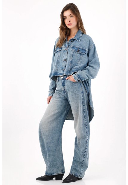 Tennis Chaqueta Oversize Con Bajo Asimétrico En Denim Azul Para Mujer
