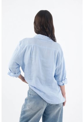 Tennis Camisa Para Mujer Lino Azul Fit Relajado Con Botones