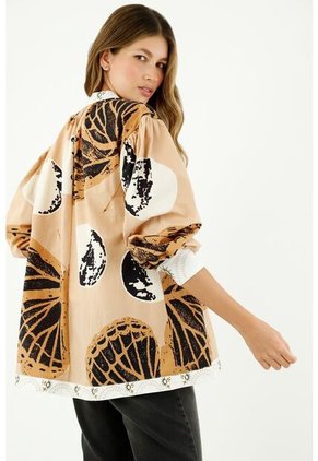 Kimono De Mujer, Silueta Amplia, Diseño Con Cuello Redondo, Manga Larga, Con Estampado De Mariposas