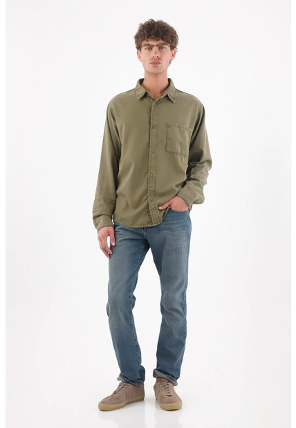 Tennis Camisa Para Hombre De Algodón Verde Oliva Regular Fit Con Bolsillo De Parche
