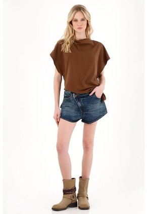 Tennis Camiseta Manga Sisa Con Ruedo Asimétrico Café Para Mujer