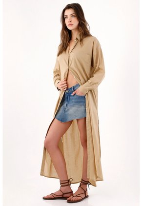 Tennis Camisa Oversize Con Aberturas Laterales En Algodón Beige Para Mujer