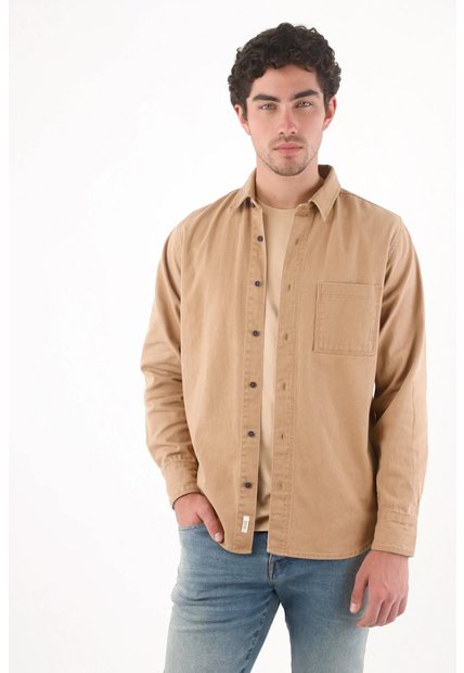 Tennis Camisa Relajada Con Bolsillo Cuadrado En Algodón Camel Para Hombre