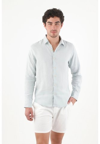 Tennis Camisa Fit Regular Con Botones Crema En Lino Azul Hielo Para Hombre Tennis
