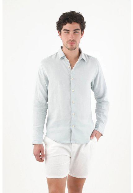 Tennis Camisa Fit Regular Con Botones Crema En Lino Azul Hielo Para Hombre