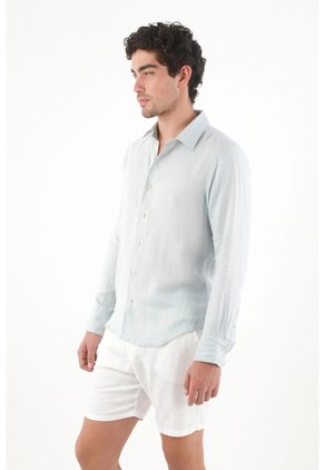 Tennis Camisa Fit Regular Con Botones Crema En Lino Azul Hielo Para Hombre