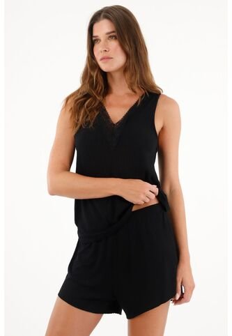 Tennis Pijama De Short Con Encaje Negra Para Mujer Tennis