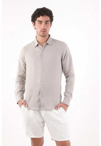 Tennis Camisa Corte Recto Con Botones Crema En Lino Gris Claro Para Hombre Tennis