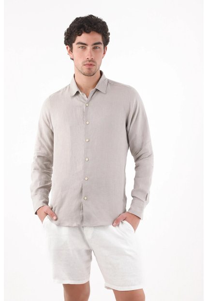 Tennis Camisa Corte Recto Con Botones Crema En Lino Gris Claro Para Hombre
