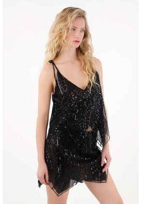 Tennis Camisa De Tiras Con Detalles En Lentejuelas Negra Para Mujer