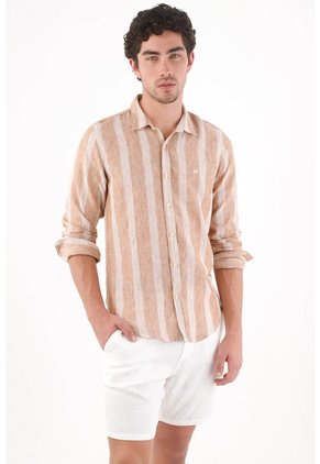 Tennis Camisa Regular Fit Con Rayas Verticales Texturizadas De Poliéster Beige Arena Para Hombre