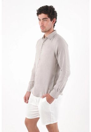 Tennis Camisa Corte Recto Con Botones Crema En Lino Gris Claro Para Hombre