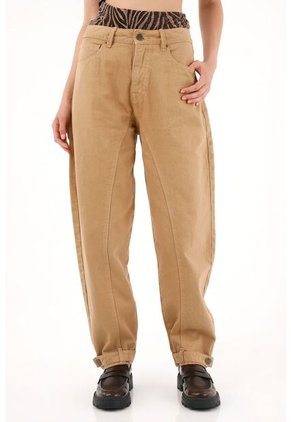 Pantalón Horseshoe Café Con Charreteras En Bota Para Mujer