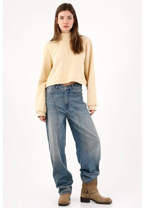 Tennis Buzo Cropped Holgado Con Cuello Alto Acanalado De Algodón Beige Para Mujer