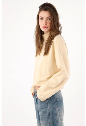 Tennis Buzo Cropped Holgado Con Cuello Alto Acanalado De Algodón Beige Para Mujer
