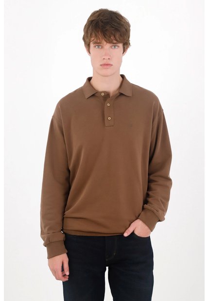 Tennis Buzo Regular Fit Con Cuello Polo Y Botones En Algodón Café Para Hombre