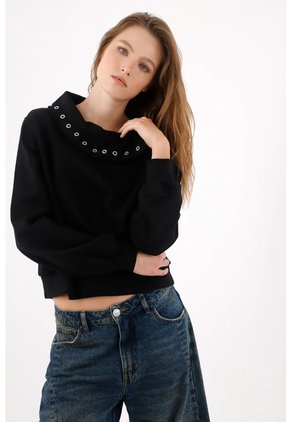 Tennis Buzo Fit Relajado Con Cuello Asimétrico En  Negro Para Mujer