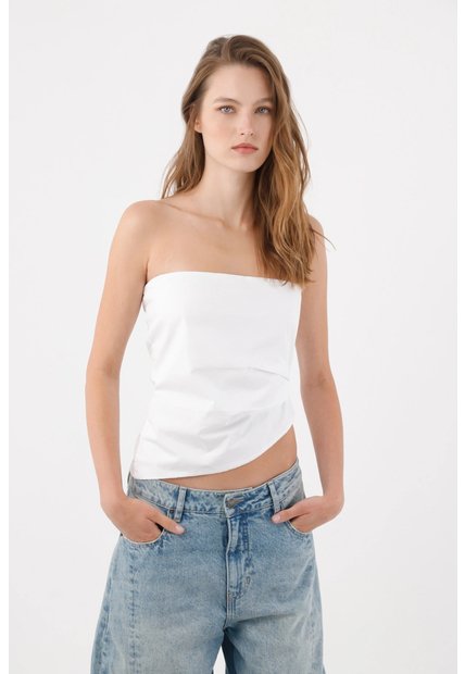 Tennis Top Strapless Fit Recto Con Bajo Asimétrico En Algodón Blanco Para Mujer