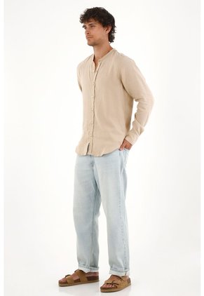 Tennis Camisa En 100% Lino Café Con Diseño Limpio Para Hombre Con Acabado único
