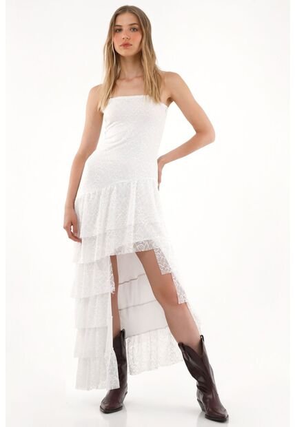 Tennis Vestido Largo En Encaje Con Boleros Crudo Para Mujer