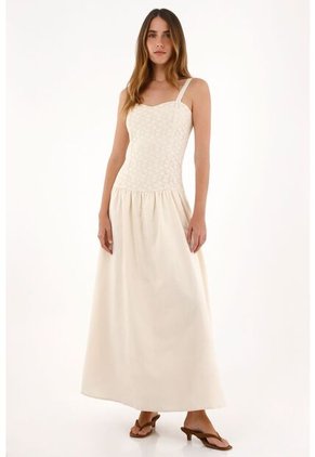 Tennis Vestido Largo Tipo Lino Con Tela Tejida Crudo Para Mujer