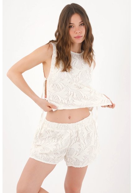 Tennis Bermuda Fit Relajado Con Encaje De Hojas Crudo Para Mujer