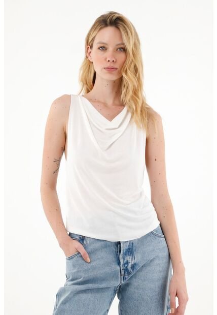 Camiseta Con Cuello Drapeado Crudo Para Mujer