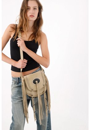 Tennis Bolso Bandolera Con Flecos Largos Hecho En Cuero Beige Para Mujer