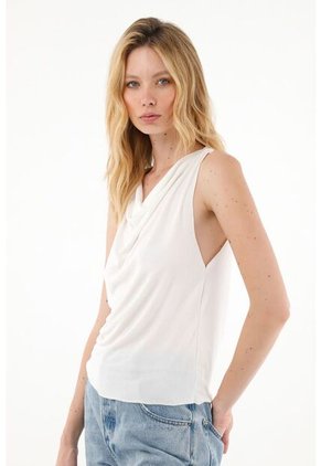Camiseta Con Cuello Drapeado Crudo Para Mujer