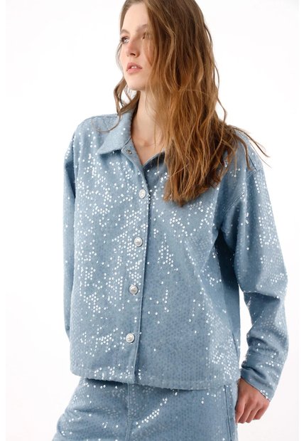 Tennis Chaqueta Fit Relajado Con Lentejuelas En Algodón Azul Claro Para Mujer