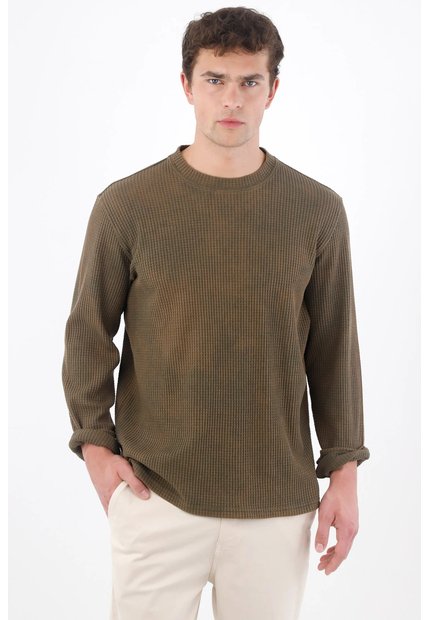 Tennis Buzo Regular Con Tejido Waffle De Algodón Verde Oliva Para Hombre