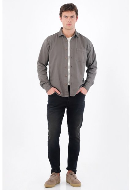 Tennis Camisa Regular Fit Con Botones Efecto Madera De Algodón Gris Topo Para Hombre