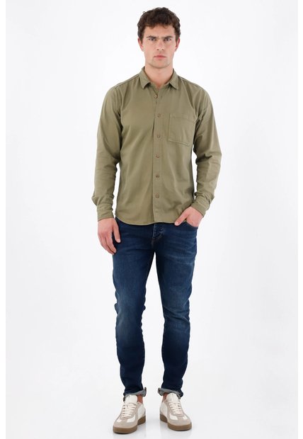 Tennis Camisa Regular Con Bolsillo De Parche En Algodón Verde Oliva Para Hombre
