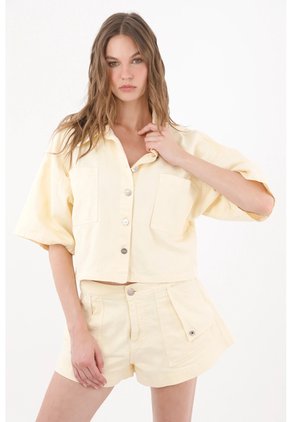 Tennis Camisa Corta Con Ajuste Amplio Y Botones Metálicos En Algodón Amarillo Para Mujer