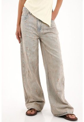 Tennis Jean Wide Leg De Tiro Alto Con Desgastes Y Textura Para Mujer