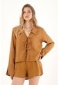 Tennis Camisa En 100% Lino Con Tiras Que Anudan En Frente Café Para Mujer de Tennis