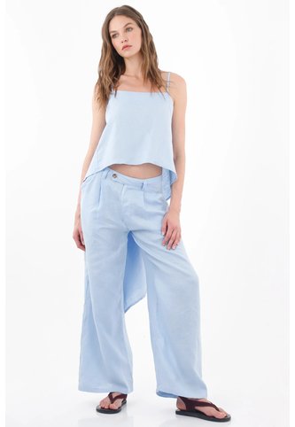 Tennis Top Holgado Con Bajo Asimétrico De Lino Azul Claro Para Mujer Tennis