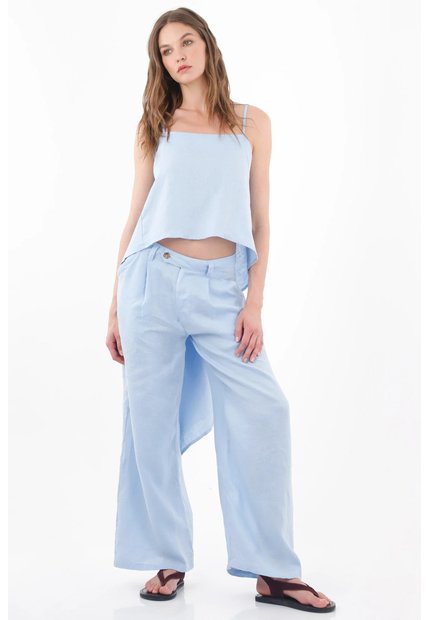 Tennis Top Holgado Con Bajo Asimétrico De Lino Azul Claro Para Mujer