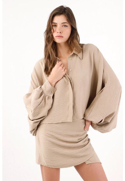 Tennis Camisa Oversize Con Mangas Abullonadas En Beige Para Mujer