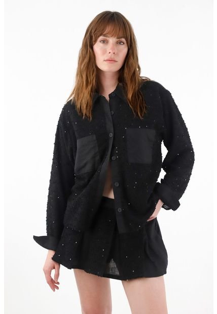 Camisa Con Detalles De Lentejuelas Y Lino Negra Para Mujer
