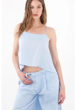 Tennis Top Holgado Con Bajo Asimétrico De Lino Azul Claro Para Mujer