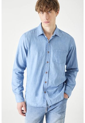Tennis Camisa Manga Larga Corte Recto Con Botones Contrastados En Algodón Azul Claro Para Hombre