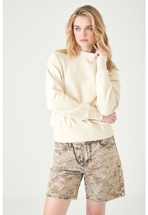 Tennis Buzo Relaxed Fit Con Hombro Caído Y Rib Ancho En Algodón Crema Para Mujer