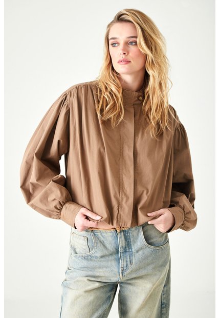 Tennis Camisa Relaxed Fit Con Mangas Globo En Algodón Camel Para Mujer