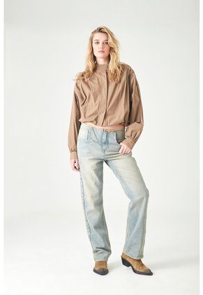 Tennis Camisa Relaxed Fit Con Mangas Globo En Algodón Camel Para Mujer